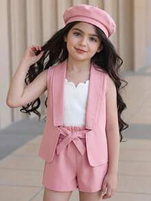 Emery Rose Kids Emery Rose Kids 2 Stücke/Set Kleine Mädchen Strickjacke in Einfarbig und Jumpsuit mit Kontrast-Farbe und Kapuze - Pink - Übersicht 3