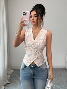 SHEIN Elenzya Camiseta sin mangas de cuello en V para mujer, primavera/verano - Multicolor - Ver 4