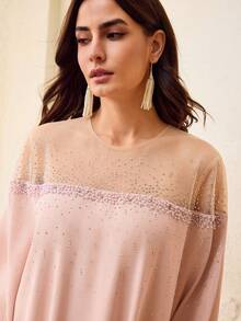 ZEYLAH Women's Contrast Mesh Batwing Sleeve Loose Elegant Arabic Style Dress - Pink - View 5