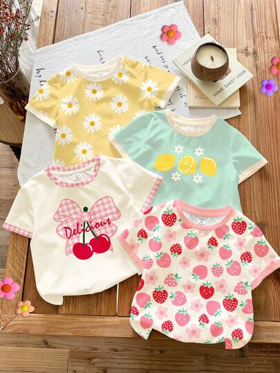 SHEIN 4pcs/Set Baby Girl Casual Fruit & Flower Graphic Print Round Neck Short Sleeve T-Shirts, Dopamine Inspired Colors: Lemon Yellow, Mint Green, Berry Pink, Cream White, Cute & Sweet For Spring/Summer Daily, Street Style, Outings, Home, Vacation, Homecoming, Back To School