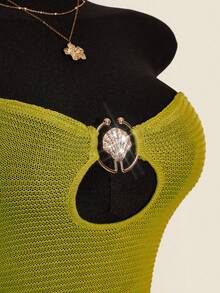 SHEIN ICON 女士金属贝壳链条无肩带荷叶边性感针织连衣裙 - 綠色 - 查看 7