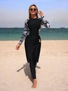 Swim Mulvari Bộ đồ bơi Burkini thanh lịch cho kỳ nghỉ hè trên bãi biển, kèm váy che ngoài. - màu đen - Xem 4