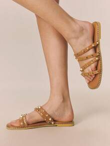 Styleloop Women's Flat One-Strap Sandals, New Summer Fashion Versatile Flat Rivet Shoes, Beach & Vacation Casual Series - Brown - View 3