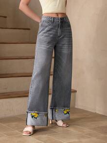 Selenza 女士带口袋阔腿宽松休闲百搭牛仔裤 - 灰色 - 查看 4