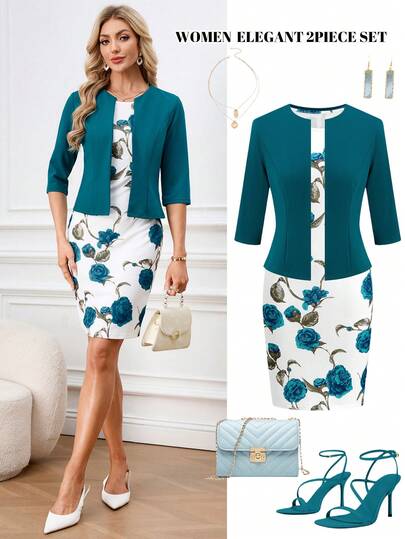 Ellevyn 2pcs/Set Women Elegant Floral Print Bodycon Dress And Pink Mid-Sleeve Knit Cardigan, Suitable For Date, Commute, And Everyday Wear  Summer Outfits For Women   Women's Casual And Elegant Outfits  Spring/Summer Green Print Two-Piece Office/Outing Suit Office Dress For Women Two Piece Set Women Elegant 2 Piece Sets Woman Classy