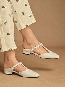 Rosivie Sandalias de mujer tipo Mary Jane de punta cuadrada, nuevas y cómodas, moda versátil de mujer con cierre de botón en T y fácil de poner - Blanco roto - Ver 5