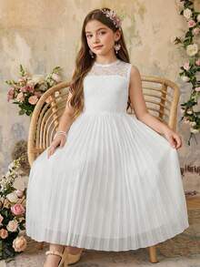 Đầm ren chiffon thanh lịch cho bé gái tuổi teen, màu trắng trơn, xếp ly, không tay, có khóa kéo, thích hợp cho lễ tốt nghiệp, đám cưới, mùa xuân và mùa hè. - trắng - Xem 1