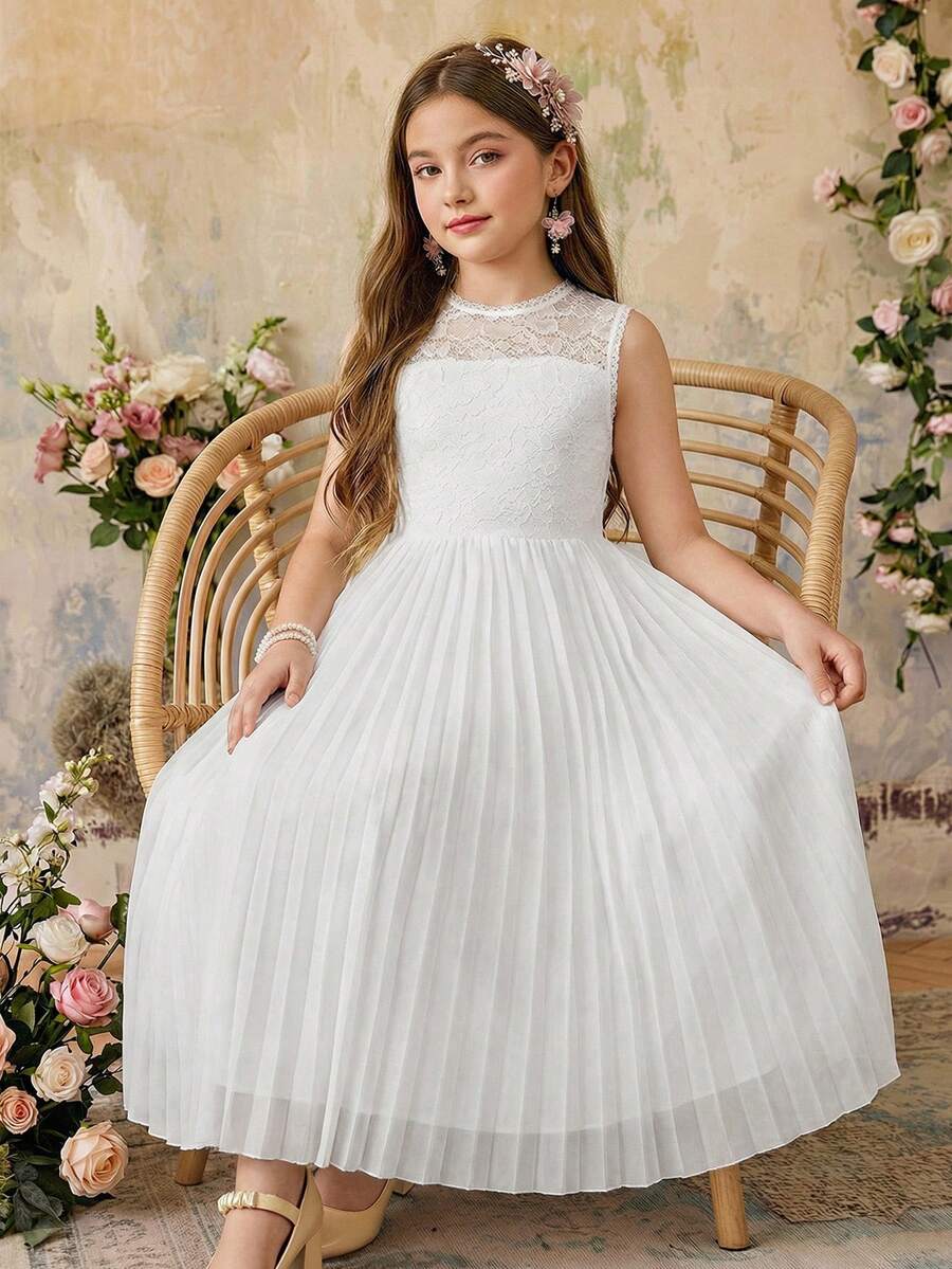 Đầm ren chiffon thanh lịch cho bé gái tuổi teen, màu trắng trơn, xếp ly, không tay, có khóa kéo, thích hợp cho lễ tốt nghiệp, đám cưới, mùa xuân và mùa hè. - trắng - Xem 1