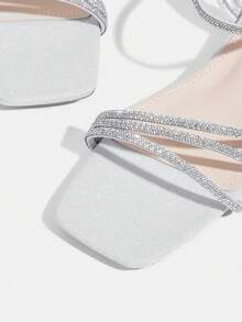 CUCCOO TILAWA Women's Square Toe Silver Rhinestone Decor Ankle Strap Low Heel Versatile Fashion Dress Sandals Summer Shoes - Silver - View 5