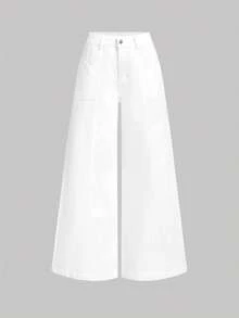 SHEIN MOD Women's Pocketed Wide Leg Loose Casual Versatile Jeans - White - View 1