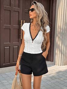 SHEIN PariChic Women's V-Neck Lace Patchwork Polka Dot Ruffle Trim Fitted T-Shirt Vacation - White - View 6