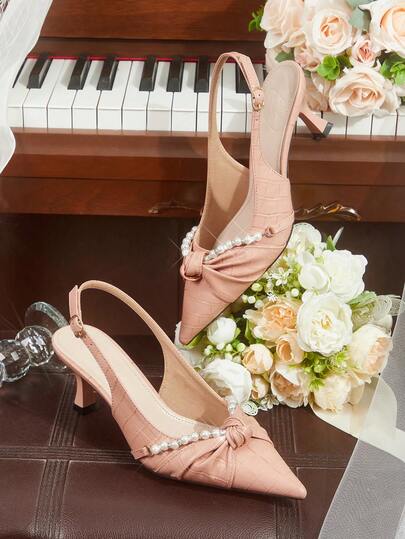 CUCCOO HITCHD Women's Simple Pointed Toe Faux Pearl Decor Casual Heels For Christmas Elegant Shoes Wedding Shoes