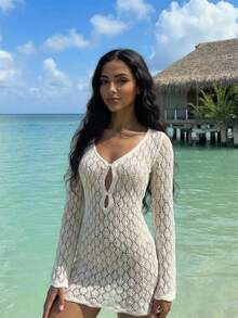 Bonvoyette 白色镂空针织吉祥搭扣镂空喇叭袖网红沙滩罩衫女装 - 白色 - 查看 6