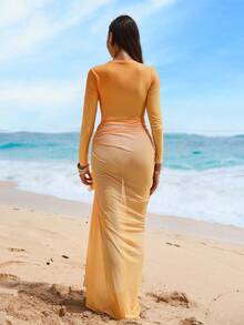 Swim Shayni Bộ đồ liền thân dài tay cổ tròn, khóa kéo nửa thân màu ombre cam-vàng-xanh dương dành cho nữ, gồm quần dài và chân váy màu xanh dương, kiểu burkini. - Nhiều màu - Xem 2