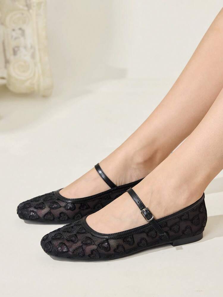 CUCCOO CHICEST Women Shoes Fashion Black Lace Love Mesh Mary Jane Breathable Flat Shoes Cute Sweet Elegant Women Flat Shoes Women's Shoes Valentine's Day Elegant Shoes Wedding Shoes Summer Shoes Bride Shoes