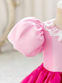 Glamorique Kids 女婴梦幻公主裙，缎面花瓣袖，蕾丝领，宝石装饰，多层裙摆，适合生日派对及其他场合 - 粉色 - 查看 4