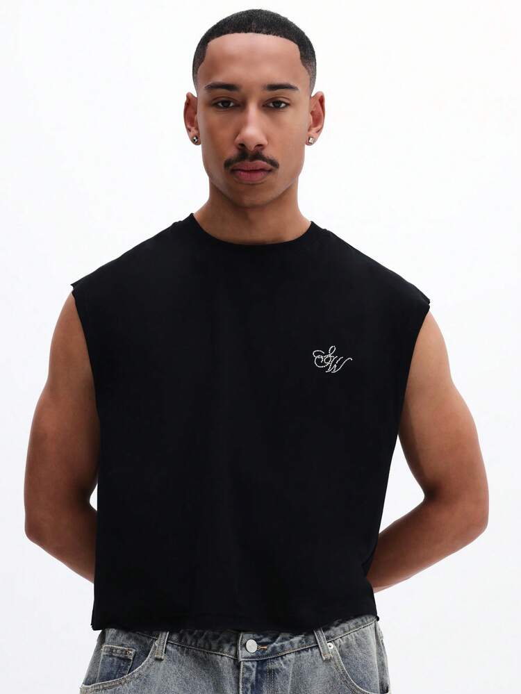 Rhinestone Embellished Tank Top With Script Font Design Sleeveless Crew Neck Regular Fit Summer Men's Casual Top