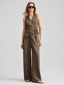 Ontre 女士卡其色系带背心上衣，无袖衬衫和裤子套装，优雅正式的婚礼宾客着装，简约浪漫的法式风格，奢华都市时尚商务休闲办公装，高品质机场及邮轮旅行服，中东必备单品，四季皆宜的百搭套装 - 咖啡棕 - 查看 4