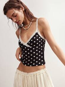 Bohemela 波西米亚风春夏休闲黑色波点针织修身短款吊带背心，撞色蕾丝设计，适合情人节、女士度假、音乐节、假日、海滩度假、返校季、夏季上衣、嘉年华服装、春夏女装 - 黑色 - 查看 2
