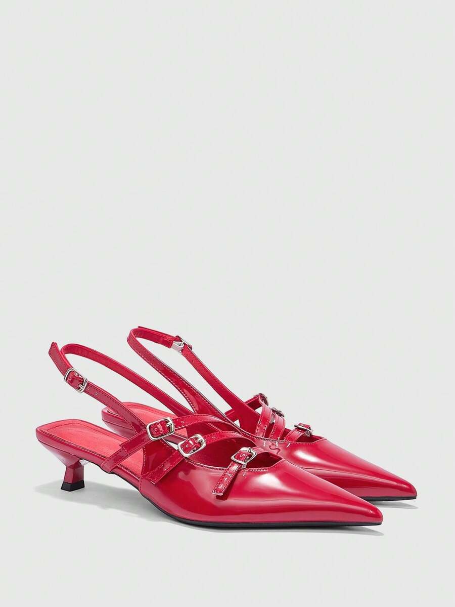 CUCCOO BIZCHIC Women's Pointed Toe Red Patent Leather Multi-Strap Backless Stiletto Heel Pumps, Fashionable For Commuting And Dating - Red - View 1