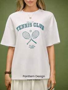 GLOWMODE 匹马棉大摆超柔软轻盈弹力宽松版型及臀复古正面印花圆领T恤，适合网球、高尔夫、匹克球等运动，日常休闲穿着 - 白色 - 查看 3