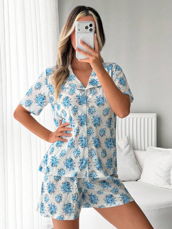 SHEIN Women Cotton 2pcs White And Blue Floral Button Front Short Sleeved Shirt&Shorts Pajama Set,Cute Summer Home Comfort Casual Sleepwear Homewear