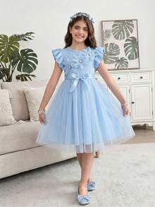 Girls Ruffled Cap Sleeve Ribbed Mesh Round Neck Summer Princess Versatile Dress With Belt - Blue - View 2