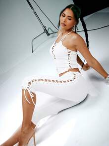 Denimoi Sexy Lace Up Halter Top Concert GNO Clubwear Sexy Top - White - View 3