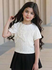 SHEIN Young Girl Solid Color Round Neck 3D Floral Casual T-Shirt,Kids - Apricot - View 2