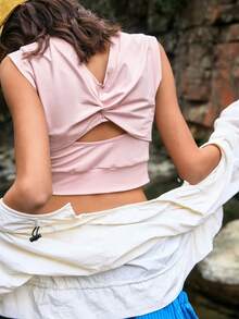 Medorelle 女士夏季圆领修身无袖扭结运动背心，吸湿排汗健身跑步训练吊带衫，露背镂空设计，适合徒步、休闲、春夏季节外出穿着 - 粉色 - 查看 5