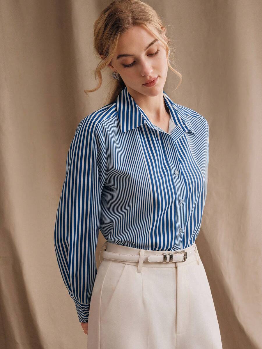 Anewsta Women's Elegant Shirt, Minimalist Commuter Long Sleeve Striped Collared Blouse Blue And White Shirt Stripe Shirt Blue Striped Shirt - Blue - View 1