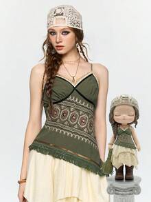 ROMWE Fairycore 仙女风休闲度假刺绣撞色不对称吊带背心 - 軍綠色 - 查看 1