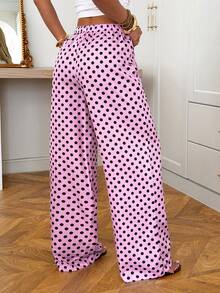 SHEIN EZwear 女士抽绳腰带波点休闲百搭阔腿裤，适合日常穿着 - 粉色 - 查看 3