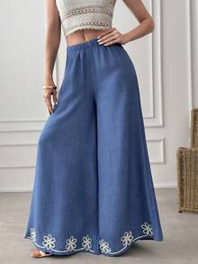 EURMUSE Women, Spring, Summer, Pant, Embroidery, Navy, Linen Look, Loose Fit, - Navy Blue - View 3