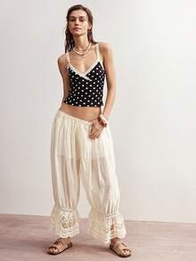 Bohemela 波西米亚风春夏休闲黑色波点针织修身短款吊带背心，撞色蕾丝设计，适合情人节、女士度假、音乐节、假日、海滩度假、返校季、夏季上衣、嘉年华服装、春夏女装 - 黑色 - 查看 4