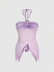 ROMWE Fairycore Top de tirantes para mujer con bajo asimétrico y decoración de conchas marinas de verano - Púrpura malva - Ver 2