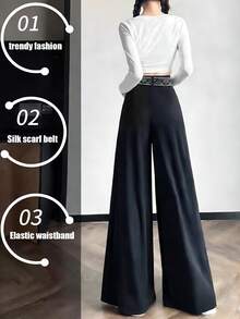 INAWLY Women's Chiffon Wide Leg Pants, Fashionable For Commuting, Daily, Home, Gathering, Leisure, Vacation - Black - View 3