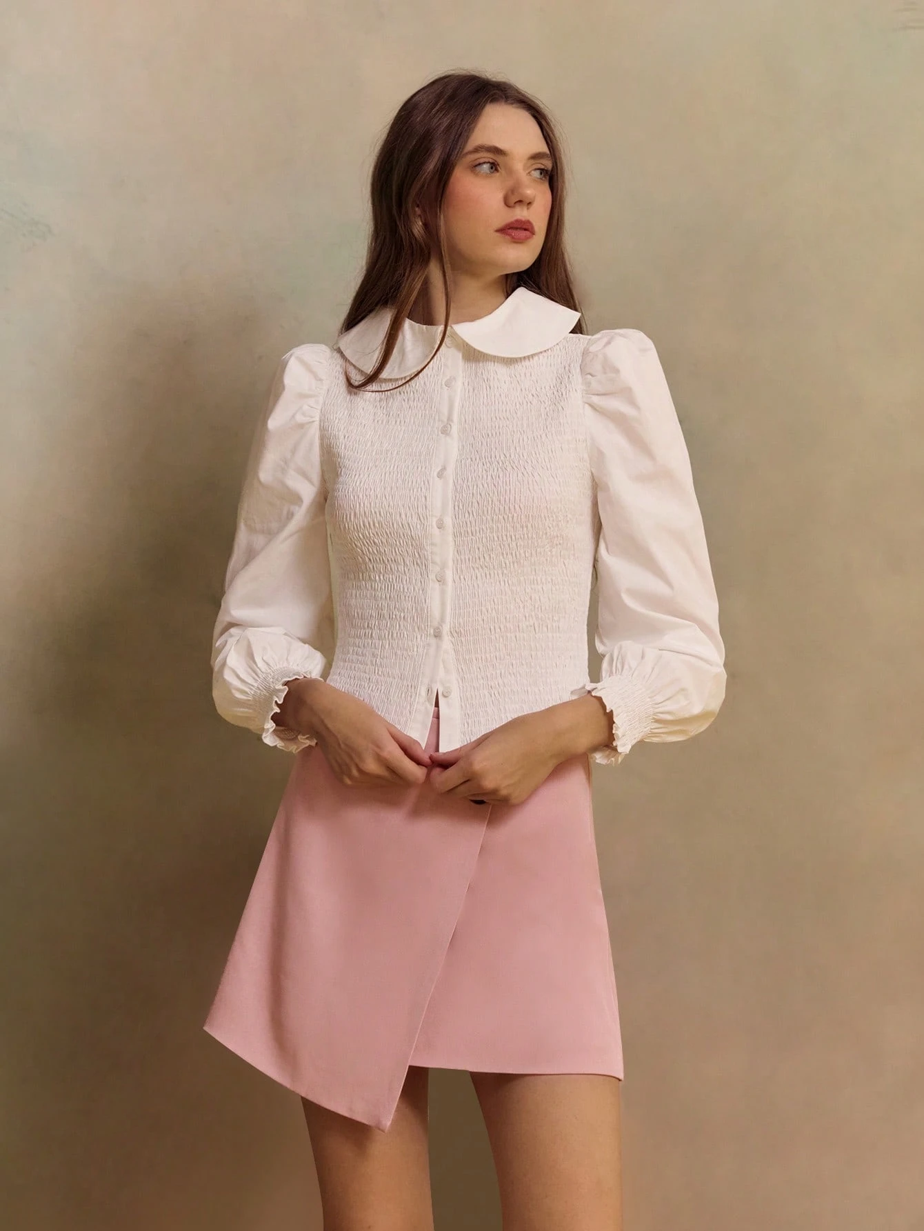 White Woven Long Sleeve Shirt With Round Collar And Shirred Bodice Officewear Commuter Chic French Style Parisian Style
