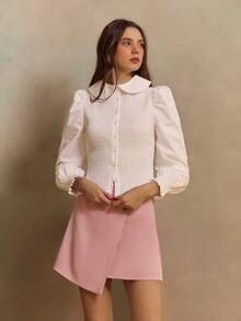 lacRébo White Woven Long Sleeve Shirt With Round Collar And Shirred Bodice Officewear Commuter Chic French Style Parisian Style - White - View 3