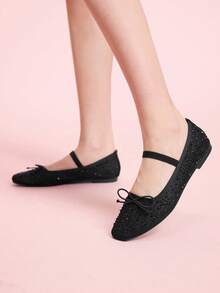 CUCCOO DOLLMOD Giày nữ thời trang xuân hè màu đen họa tiết kim cương, chất liệu lưới, nơ nhỏ, dây chun, giày bệt nữ thanh lịch, thoải mái, thoáng khí, dễ thương, kiểu Mary Jane. - Màu đen 1 - Xem 8