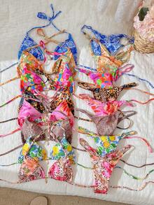 Elavelle Springbreak Women's Random Print Halter Ruched Beaded Sexy Bikini Swimwear Set, Summer Beachwear Outfits - Multicolor - View 2