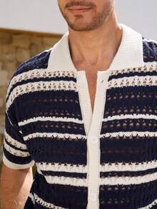 Manfinity CityGents Men's Vacation Casual Striped Short Sleeve Hollow-Out Knit Top - Multicolor - View 2