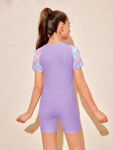 SHEIN Tween Girl Vacation Beach Fish Scale Print Patchwork One-Piece Baddräkt - Blått och Vitt - Visa 2