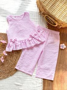 Vintaside Kids Bộ 2 món cho bé gái, áo không tay và quần dễ thương có nơ, kiểu dáng thường ngày. - Hồng - Xem 3