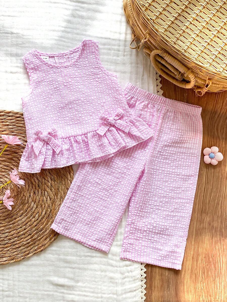 Vintaside Kids 2件套女婴休闲可爱蝴蝶结无袖上衣和裤子套装 - 粉色 - 查看 1