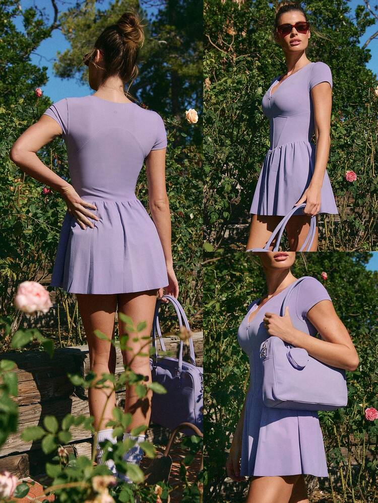 Ace The Day ハーフジップ プラケット お腹コントロール 一体型ショーツ キャップスリーブ サイドポケット 滑り止めグリップ テニスドレス ローインパクト テニス ゴルフ ピックルボール デイリーカジュアルウェア