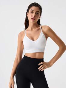 Loungeista 1-Piece Women's Seamless Knit Ribbed Sexy Bra, Wireless Cross Strap Backless Sports Brafor Summerfor Summer - White - View 5