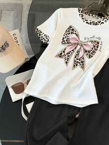 Resyla Women's Bow Print Round Neck Short Sleeve T-Shirt And Pants Casual 2-Piece Set - Multicolor - View 3