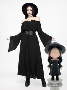 ROMWE Goth 女士哥特式露肩喇叭袖收腰连衣裙 - 黑色 - 查看 1
