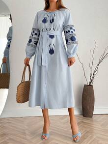 Women's Bohemian Style Casual Embroidered Tie Collar Long Sleeve Off-Shoulder Ruffle Hem Dress - Blue - View 2